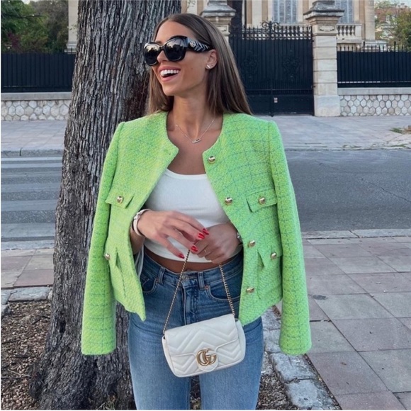 Mango MNG | Lime Green Tweed Cropped Blazer Jacket Gold Buttons - Picture 2 of 8